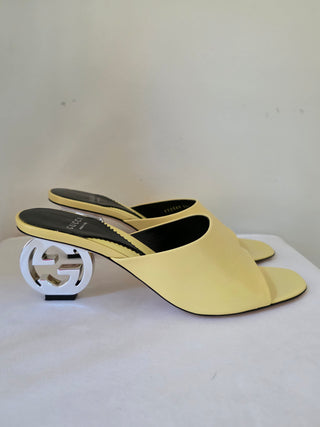 Gucci Yellow Leather Slide GG Logo Heels Size 39.5
