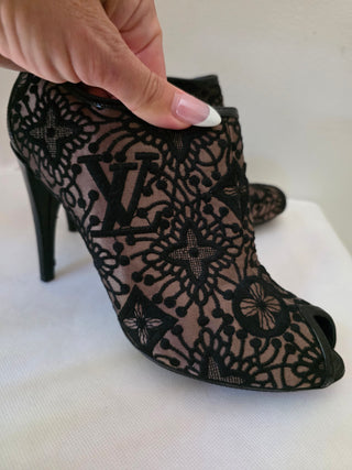 Louis Vuitton Black suede LV Monogram peep-toe booties 38.5 sz