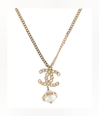 Chanel Gold-tone Faux Pearl Interlocking Pendant Necklace