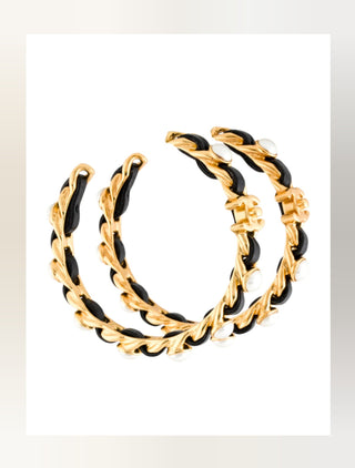 Chanel Gold-tone Faux Pearl Leather Interlocking CC Turnlock Hoop Earrings