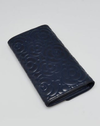 Chanel Blue Camellia Embossed Lambskin Leather L Flap Wallet