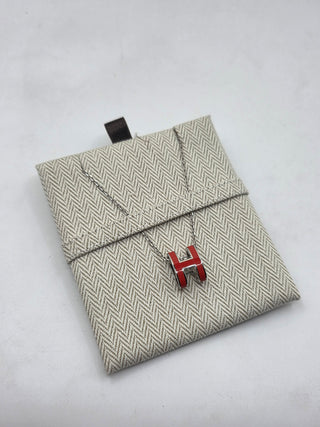 Hermes Red Enamel and Palladium Plated Pop H Pendant Necklace