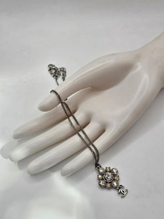 Chanel Silver-tone Strass CC Logo Dangle Pendant Necklace