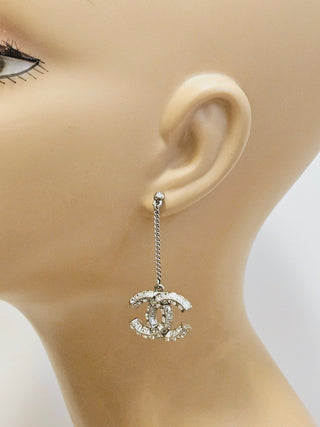 Chanel Silver-tone 2022 Strass Interlocking CC Drop Earrings