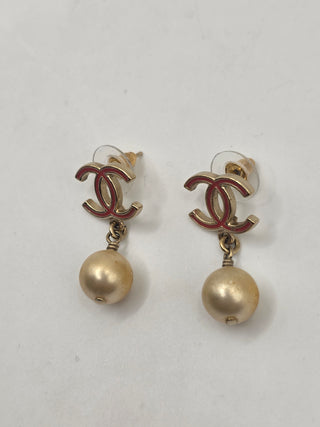 Chanel Gold-tone Faux Pearl Enamel CC Drop Earrings