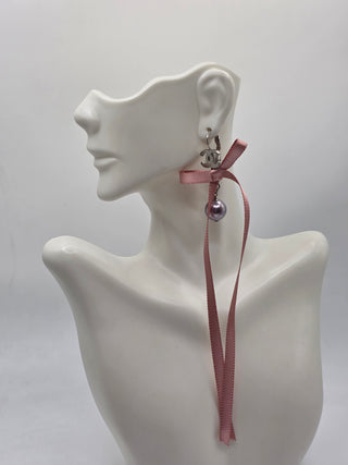 Chanel Silver-tone Faux Pearl Ribbon Bow CC Logo Drop Earrings