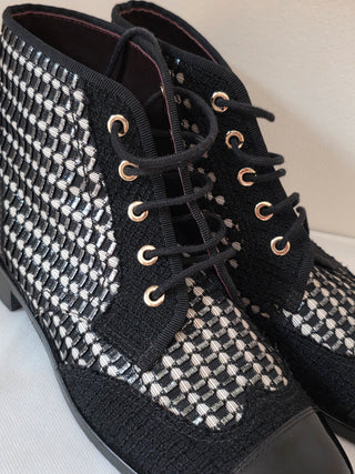 Chanel 2017 Tweed Pattern Logo Embellished Combat Boots 39 sz