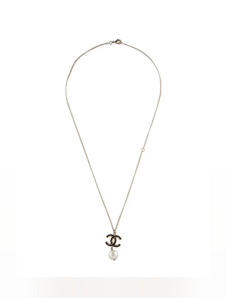 Chanel Faux Pearl Enamel CC Logo Pendant Necklace