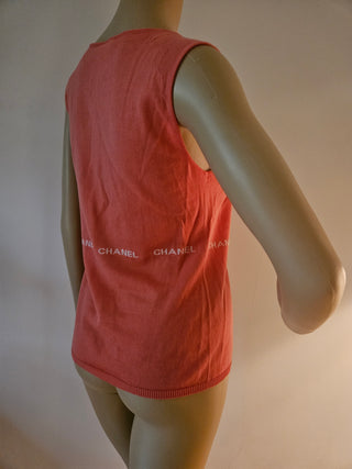 Cute Chanel Coral pink Logo Printed Sleeveless Top M sz