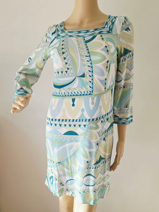 Emilio Pucci White green multicolor signature print long-sleeved summer dress 6 sz