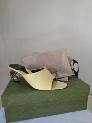 Gucci Yellow Leather Slide GG Logo Heels Size 39.5
