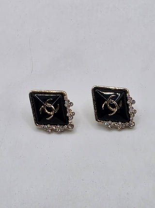 Chanel Gold-tone Blavk Strass Interlocking CC Stud Earrings