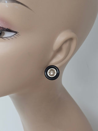 Chanel Gold-tone Black Enamel Interlocking CC Stud Earrings