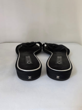 CHANEL Black Mesh Camellia Flower Open Toe Flat Sandals 39.5 sz