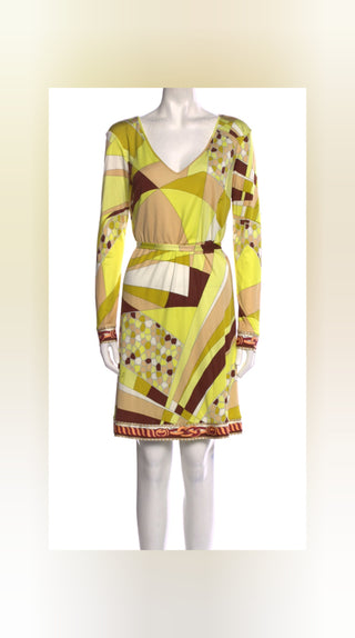 Emilio Pucci Yellow Multicolor Signature Print Silk Dress 10 US