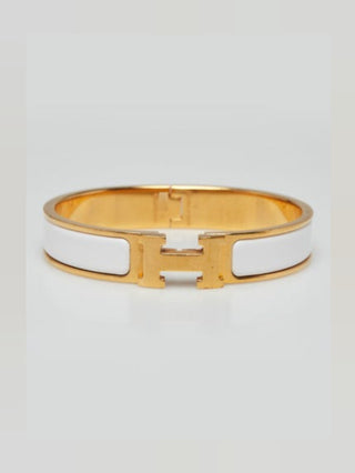 Hermes White Enamel Gold Plated Clic-H Narrow PM Bracelet