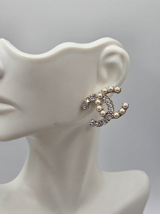 Chanel Gold-tone Faux Pearl Strass Interlocking CC Stud Earrings