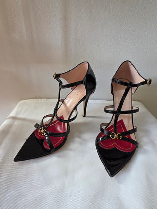 Gucci Patent Leather GG Charm T-Strap Sandals 36.5 sz