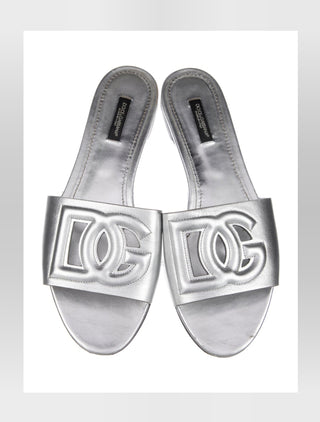 Dolce & Gabbana Metallic Silver Leather DG Cutout Accent Slides 39.5 sz