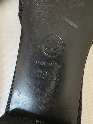 CHANEL Black Mesh Camellia Flower Open Toe Flat Sandals 39.5 sz