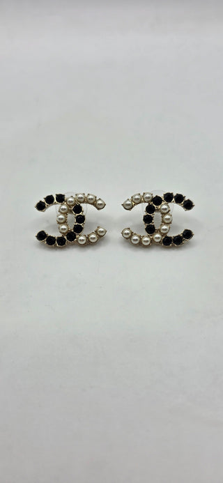 Chanel Gold-tone Faux Pearl Strass Interlocking CC Stud Earrings