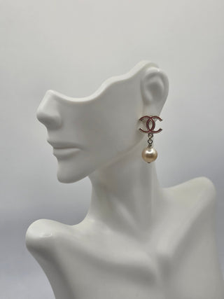 Chanel Gold-tone Faux Pearl Enamel CC Drop Earrings