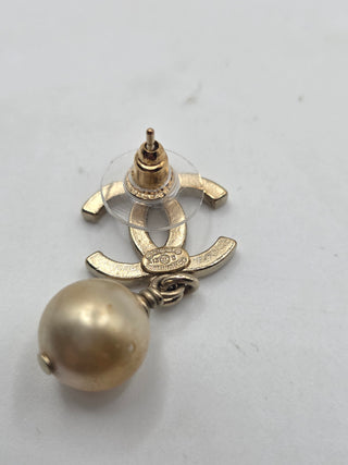 Chanel Gold-tone Faux Pearl Enamel CC Drop Earrings