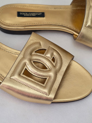 Dolce & Gabbana Gold Leather Cutout Accent Slides 36 sz