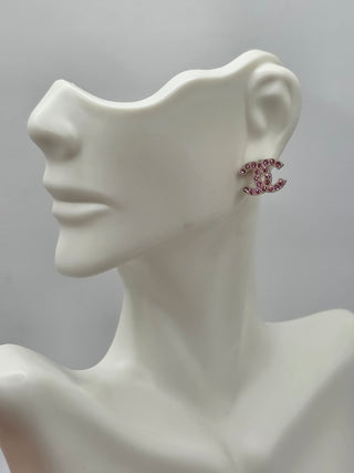 Chanel Silver-tone Pink Strass Interlocking CC Stud Earrings