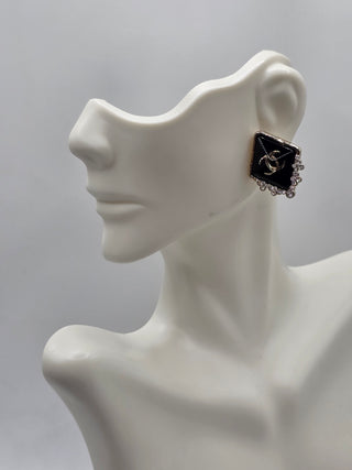 Chanel Gold-tone Blavk Strass Interlocking CC Stud Earrings