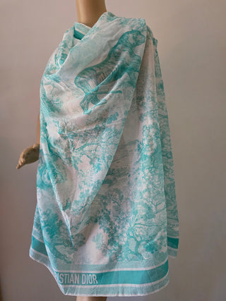 Christian Dior Aquamarina Cotton Toile De Jouy Sauvage Pareo Scarf