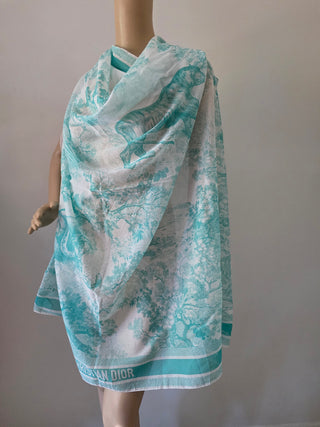 Christian Dior Aquamarina Cotton Toile De Jouy Sauvage Pareo Scarf