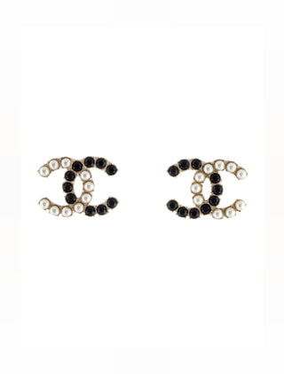 Chanel Gold-tone Faux Pearl Strass Interlocking CC Stud Earrings