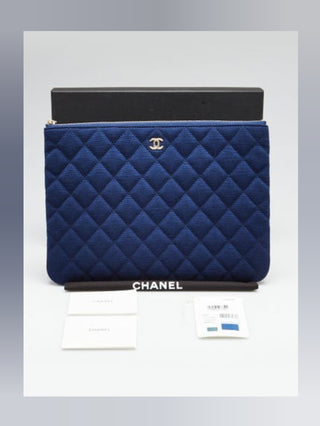 Chanel Blue Quilted Jersey Fabric Medium O-Case Zip Pouch VIP Bag