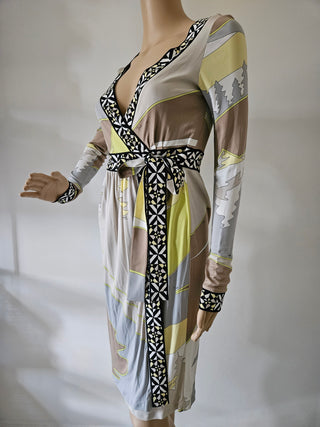 Emilio Pucci Brown multicolor signature print summer wrap dress 6 US sz