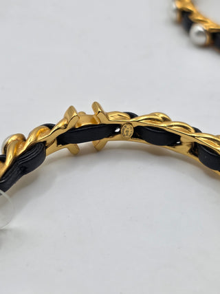 Chanel Gold-tone Faux Pearl Leather Interlocking CC Turnlock Hoop Earrings