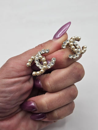 Chanel Gold-tone Faux Pearl Strass Interlocking CC Stud Earrings