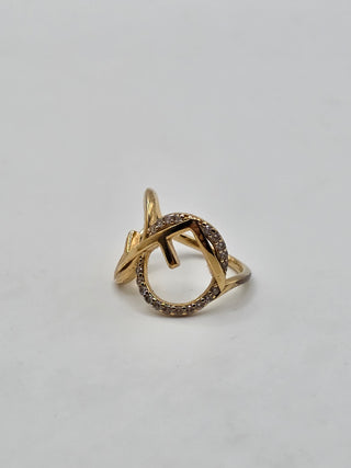 Fendi Gold-tone Crystal Embellished Logo Cocktail Ring M 7 sz