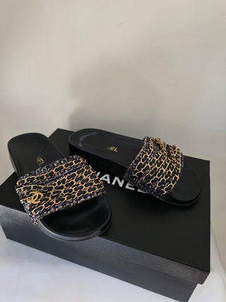 Chanel Black Leather 2016 Interlocking CC Logo Slides 36 sz