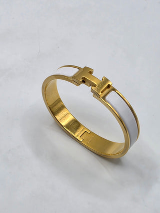 Hermes White Enamel Gold Plated Clic-H Narrow PM Bracelet