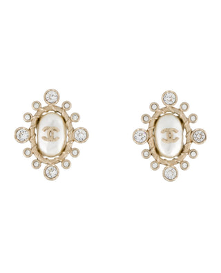Chanel Golf-tone Pearl Strass Interlocking CC Stud Earrings