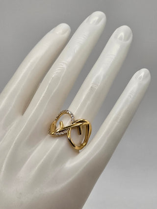 Fendi Gold-tone Crystal Embellished Logo Cocktail Ring M 7 sz