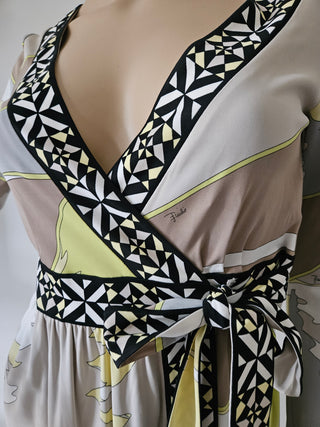 Emilio Pucci Brown multicolor signature print summer wrap dress 6 US sz
