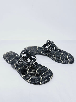 Tory Burch Black Snake print leather Reva thong sandals 7 M sz
