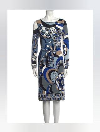 Emilio Pucci Blue Multicolor Printed Knee-Length Dress 6 sz