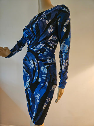 Emilio Pucci Blue Multicolor Signature Print long-sleeved dress 40 sz
