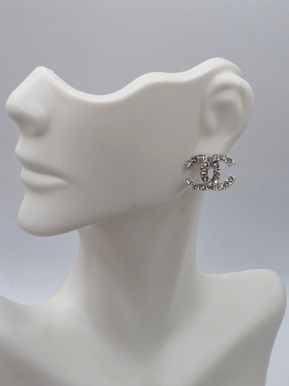 Chanel Silver-tone Strass Interlocking CC Stud Earrings
