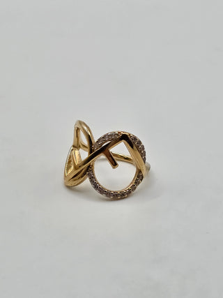 Fendi Gold-tone Crystal Embellished Logo Cocktail Ring M 7 sz