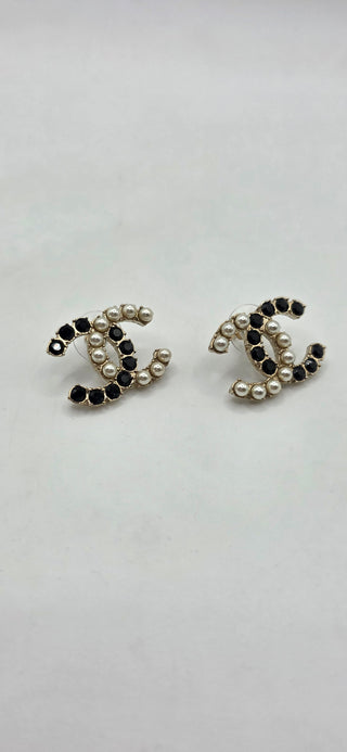 Chanel Gold-tone Faux Pearl Strass Interlocking CC Stud Earrings