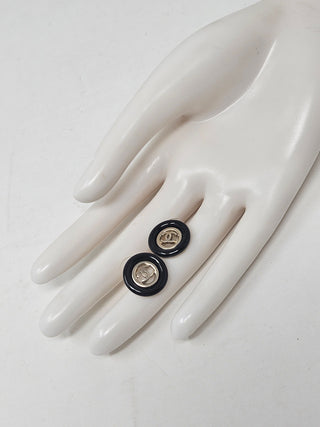 Chanel Gold-tone Black Enamel Interlocking CC Stud Earrings